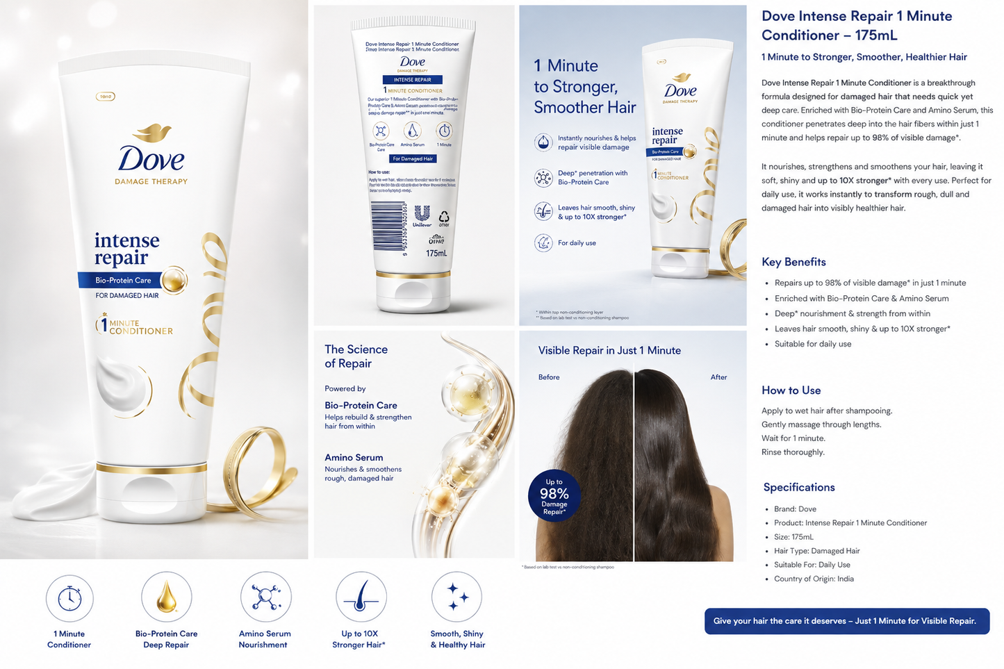 Dove Intense Repair Conditioner – Bio-Protein Care for Damaged Hair | 175 mL