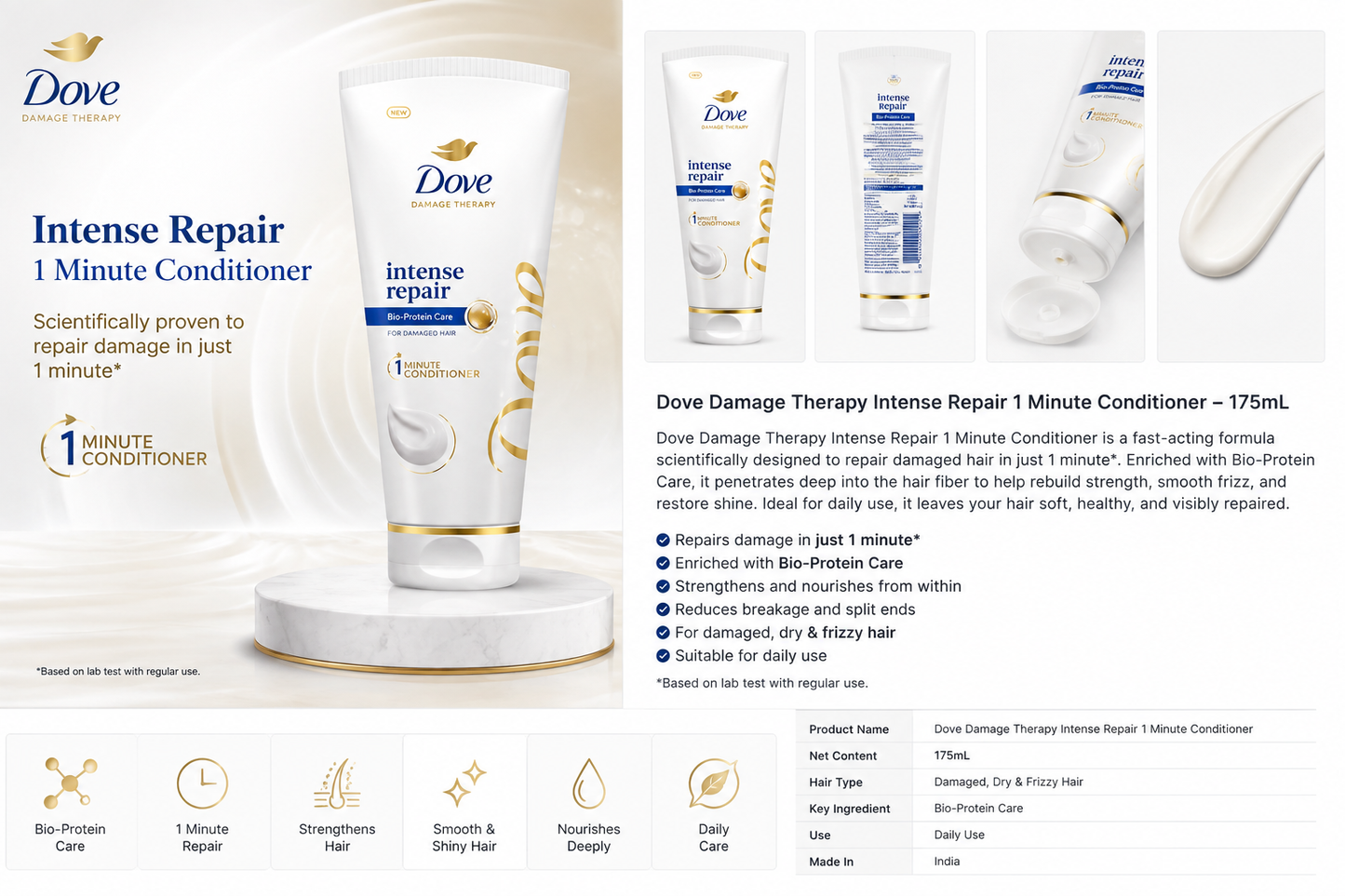 Dove Intense Repair Conditioner – Bio-Protein Care for Damaged Hair | 175 mL
