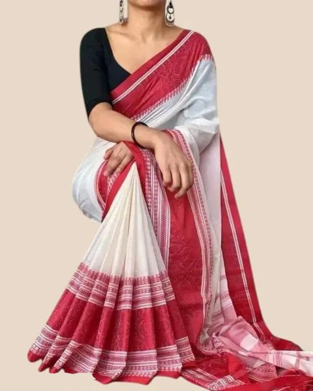 Durga Puja Special White Red Khadi Cotton Saree with Big Woven Border & Printed Pallu | Black Running Blouse Included