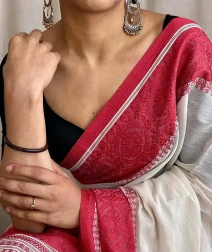 Durga Puja Special White Red Khadi Cotton Saree with Big Woven Border & Printed Pallu | Black Running Blouse Included
