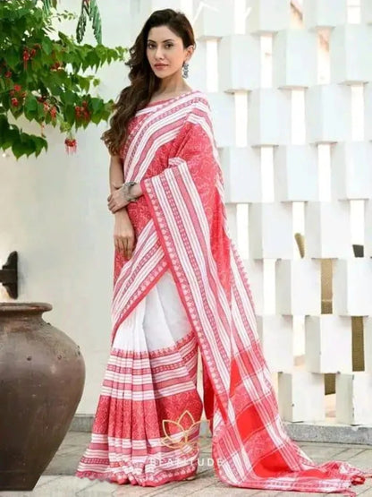 Durga Puja Special White Red Khadi Cotton Saree with Big Woven Border & Printed Pallu | Black Running Blouse Included