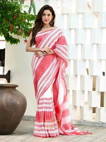 Durga Puja Special White Red Khadi Cotton Saree with Big Woven Border & Printed Pallu | Black Running Blouse Included